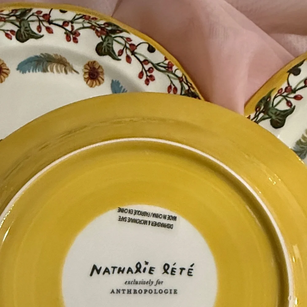 Anthropologie  4 # Decorative Owl Ceramic Salad/Dessert Plates - Yellow Trim